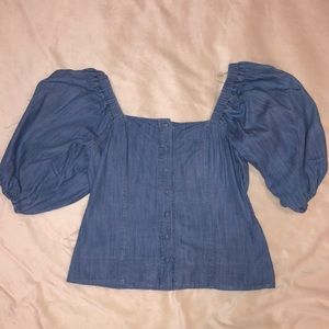 BLUE PUFFY SLEEVE TOP W DENIM APPEARANCE!